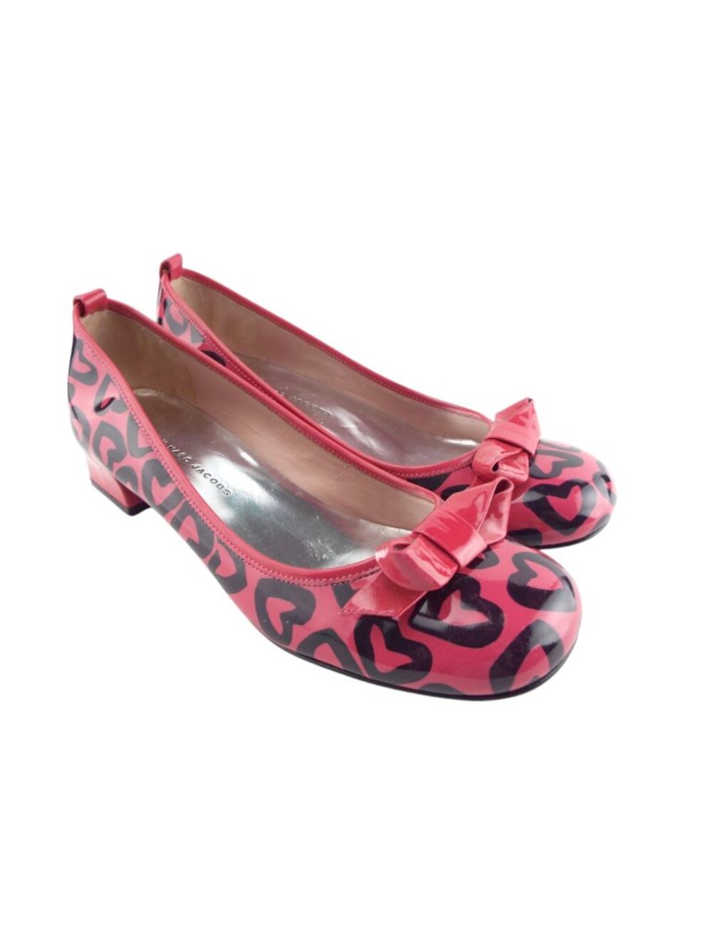 MARC JACOBS Heart Love Bow Patent Leather Block Heel Slip-on Ballet Pumps 37.5